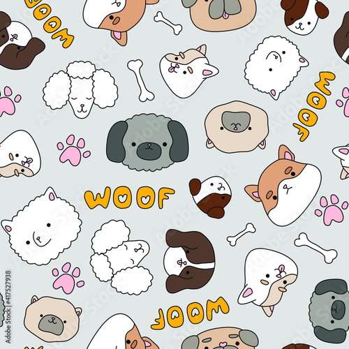 Grey pattern with cute, funny happy dogs. Paw prints, baby text woof and pets texture for children.