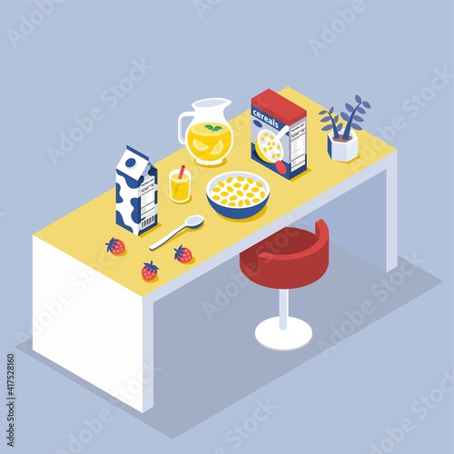 illustration vector isometric of  easy breakfast set on table with cornflakes and milk bowl as good morning concept