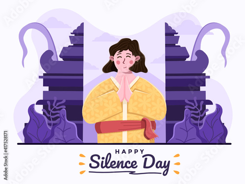 Illustration celebrate bali nyepi day or bali day of silence and hidu new year saka 1943 with woman wearing traditional bali kebaya. Hari raya nyepi dan tahun baru hindu saka 1943. Greeting, Banner.