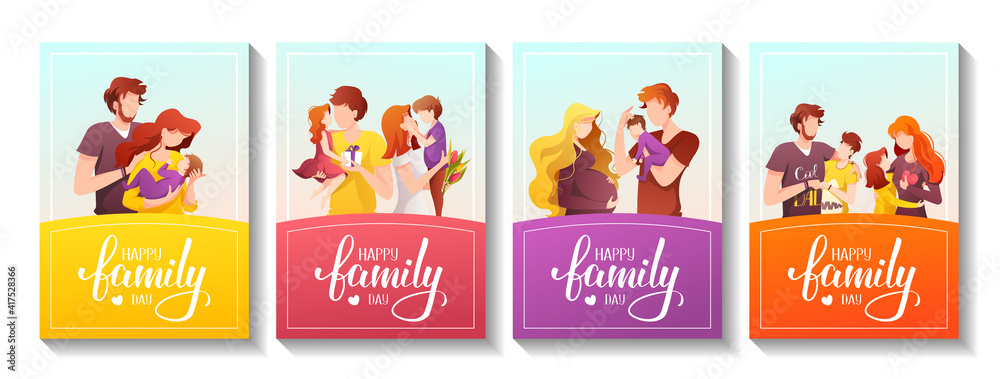 Happy Family Day card set. Parents with their children. Calligraphy and hand drawn lettering. A4 vector illustration for card, postcard, poster, banner.