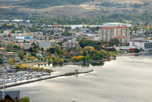 Scenic view of Okanagan Lake and blue sky in autumn in Penticton, BC, Canada