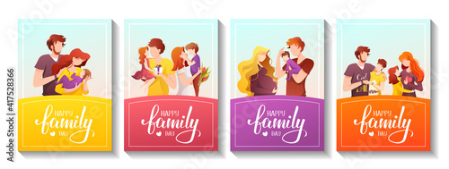 Happy Family Day card set. Parents with their children. Calligraphy and hand drawn lettering. A4 vector illustration for card, postcard, poster, banner.