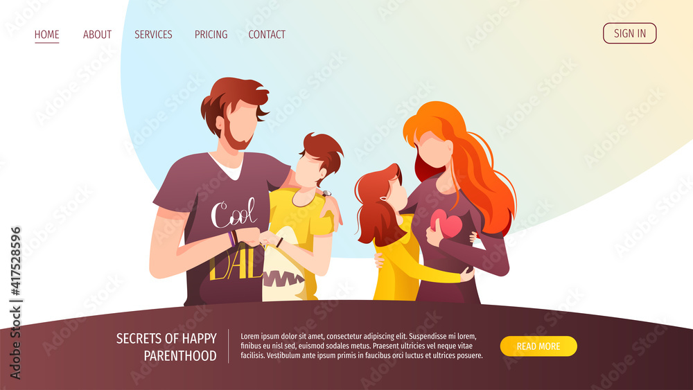 Web page design with father and mother hugging their children.Happy ...