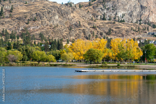 Scenic view of Okanagan Lake and blue sky in autumn in Penticton, BC, Canada
