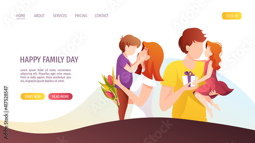 Web page design with father and mother hugging their children.Happy family day  Parenting  Childhood  relationship concept. Vector Illustration for poster  banner  website.