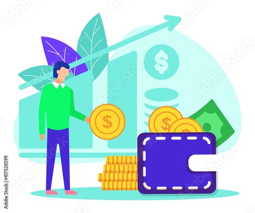 Businessman earning money. Male employee salary increase. Business success, finance growth, savings or investment concept flat vector illustration