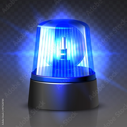 3d realistic vector police car top light glowing in the dark on black background.