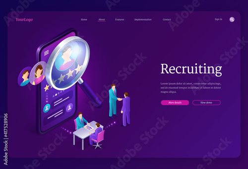 Recruiting isometric landing page. Hiring agency, human resource online service, tiny people at huge smartphone with magnifier and app for research applicant for vacant work place 3d vector web banner