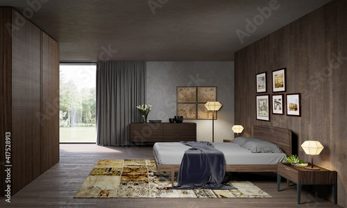 Camera da letto moderna su giardino, design minimalista, rendering 3d photo