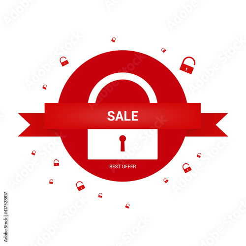 Sales banner. White door lock on red background.