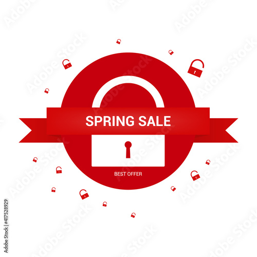 Spring sales banner. White door lock on red background.