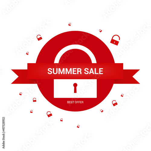 Summer sales banner. White door lock on red background.