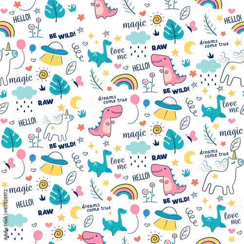 colorful doodle animals with words leaf star and galaxy combination seamless pattern