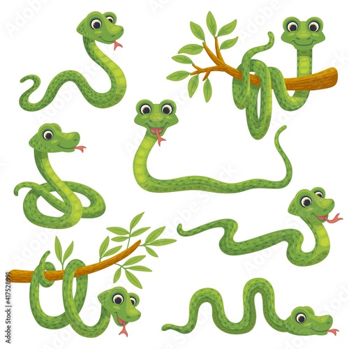 Set of cartoon green snake, funny reptile a vector illustrations for kids design