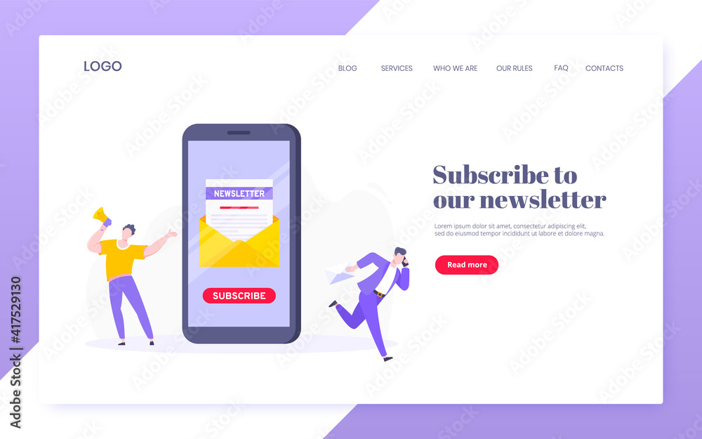 Fototapeta premium Subscribe now to our newsletter vector illustration with tiny people working with smartphone and newsletter. Email news subscription or mail marketing business flat style design landing page concept.