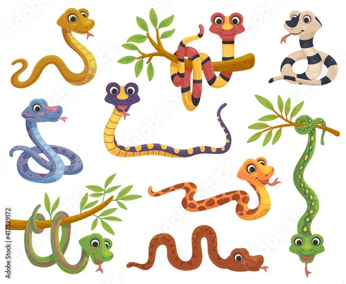 Set of cartoon color snake, funny reptile in various poses a vector illustrations