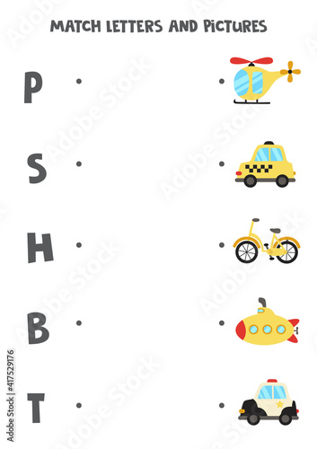 Match transport and letters. Educational logical game for kids. Vocabulary worksheet.