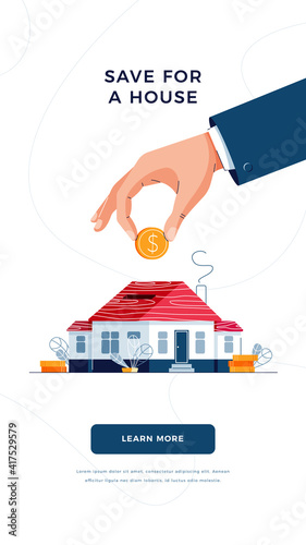 Save money for a house concept. Male hand puts the coin into house piggy bank for real property investment. Make money in Real Estate. Modern flat vector illustration for web, banner, emailing design