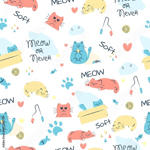 colorful doodle cat animals with words paw star love combination seamless pattern vector