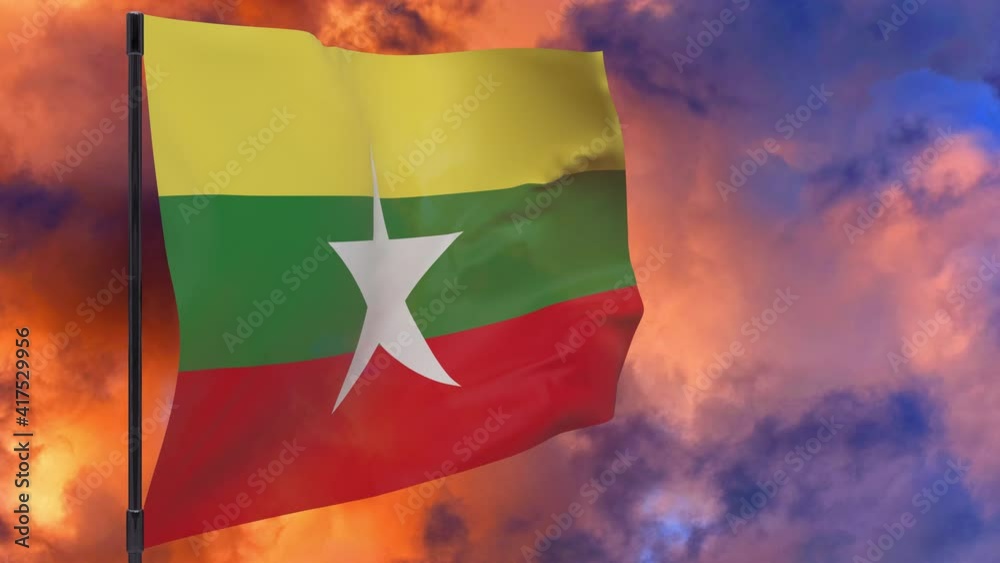 Myanmar flag on pole with sky background seamless loop 3d animation