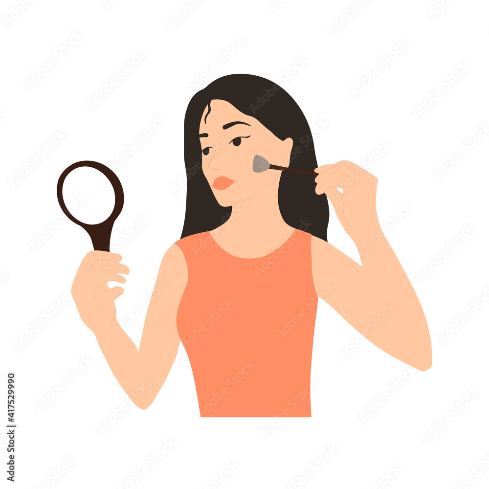 Young woman applies makeup. Vector image in cartoon style. Isolated over white background. Young woman applies makeup. Vector image in cartoon style. Isolated over white background.