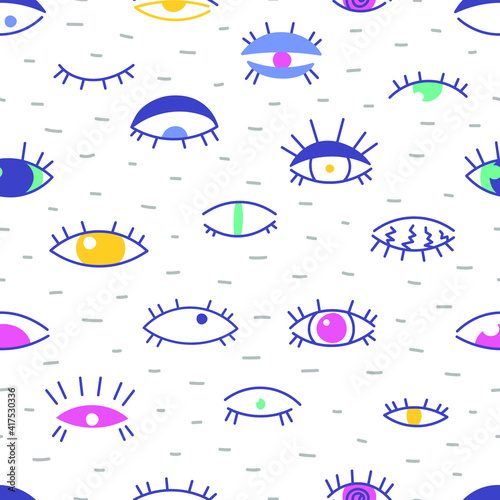 The Colored, seamless pattern consists of various hand-drawn graphics. Eyes vector flat illustration, symbol of evil, magic, clairvoyance isolated on white background. Fabric, textiles, gifts, wallpap