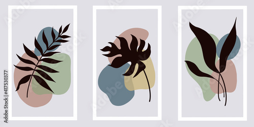 Fototapeta Naklejka Na Ścianę i Meble -  Posters botanical illustration silhouettes of tropical plants on abstract spots background