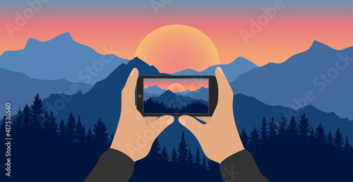 Men's hands hold phone and take picture of beautiful nature, landscape. Silhouette of forest and mountains on background of sunset. Good quality mobile phone camera. Vector illustration