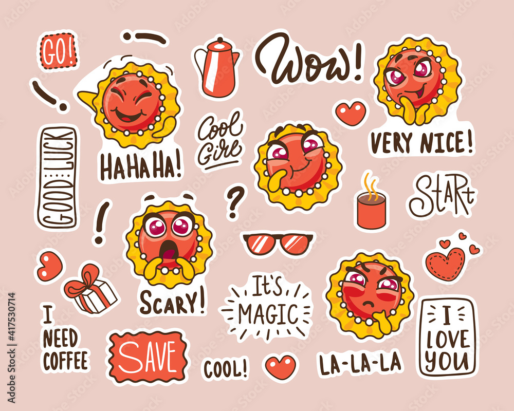 Fototapeta premium set of stickers with funny faces. funny cookies in a cartoon style with different emotions. cute heroes and funny lettering. 