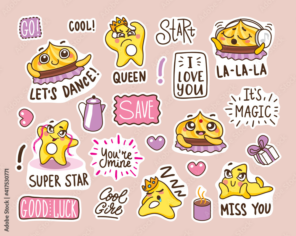 set of stickers with funny faces. funny cookies in a cartoon style with different emotions. cute heroes and funny lettering.
set of stickers with funny faces. funny cookies in a cartoon style with different emotions. cute heroes and funny lettering.