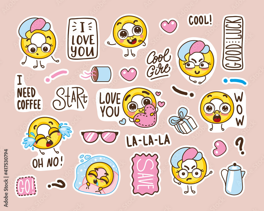 Fototapeta premium set of stickers with funny faces. funny cookies in a cartoon style with different emotions. cute heroes and funny lettering. 