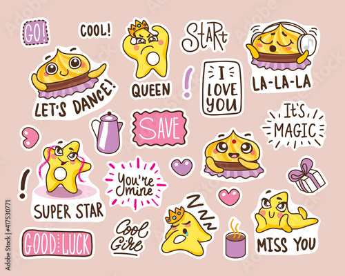 set of stickers with funny faces. funny cookies in a cartoon style with different emotions. cute heroes and funny lettering.
