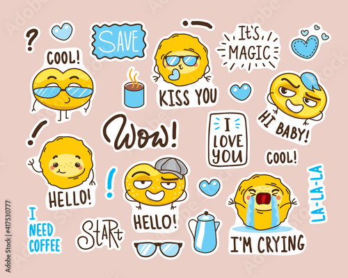 set of stickers with funny faces. funny cookies in a cartoon style with different emotions. cute heroes and funny lettering.
