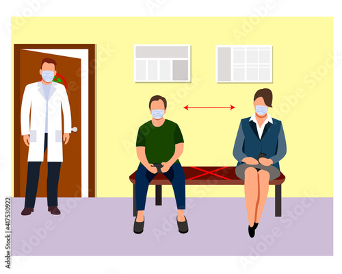 Vaccination of people against various diseases, including the coronavirus NCOV 19. In the clinic, people are sitting in a queue in medical masks. Distance. A doctor in a white coat is standing in the 