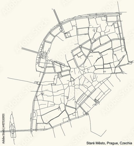 Black simple detailed street roads map on vintage beige background of the municipal district Staré Město (Old Town) cadastral area of Prague, Czech Republic