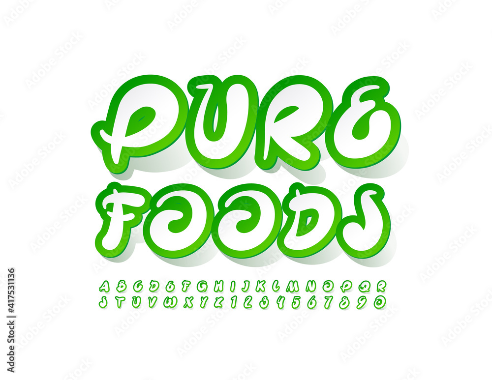 Vector modern Emblem Pure Foods. Stylish Playful Font. Sticker creative Alphabet Letters and Numbers set Vector modern Emblem Pure Foods. Stylish Playful Font. Sticker creative Alphabet Letters and Numbers set