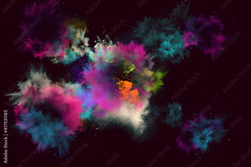 Colored powder explosion. Abstract closeup dust