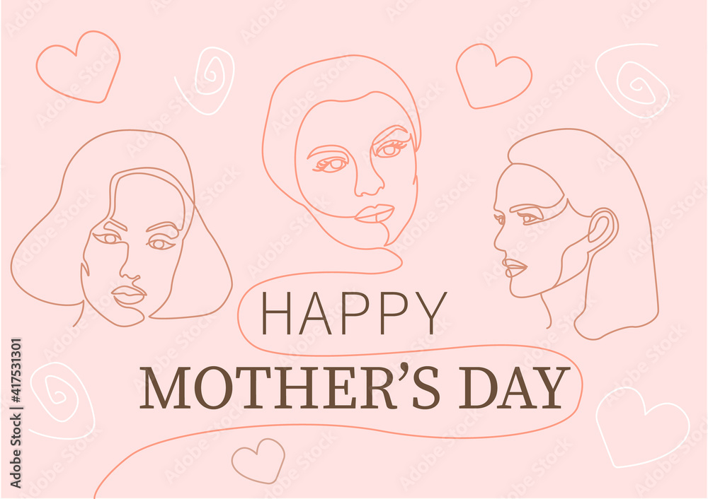 Happy mother's day card with one line art woman faces. The postcard is made in soft pastel colors. Vector for postcard, banner, website, social media