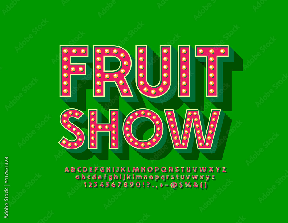 Vector creative flyer Food Show. Retro Lamp Font. Set of Lightbulb Alphabet Letters and Numbers set Vector creative flyer Food Show. Retro Lamp Font. Set of Lightbulb Alphabet Letters and Numbers set