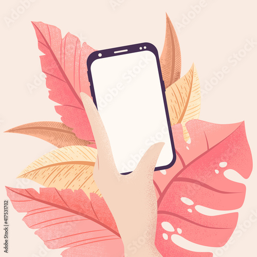 Vector illustration in flat style with hand holding mobile phone and tropical plants around isolated on light background. Smartphone with empty screen mock up