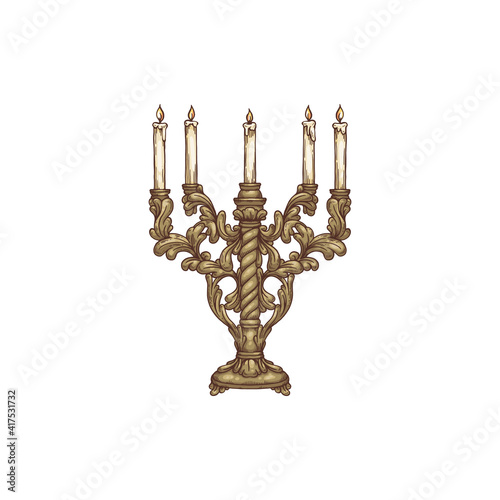 Old vintage candlestick with five burning candles. Ornate candelabrum