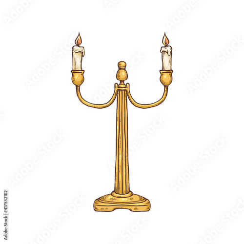 Candles in vintage metal candlestick a vector sketch isolated illustration.