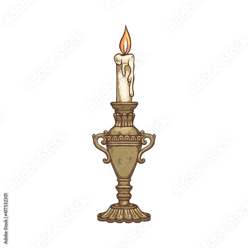 Old vintage candlestick with burning candle - isolated drawing