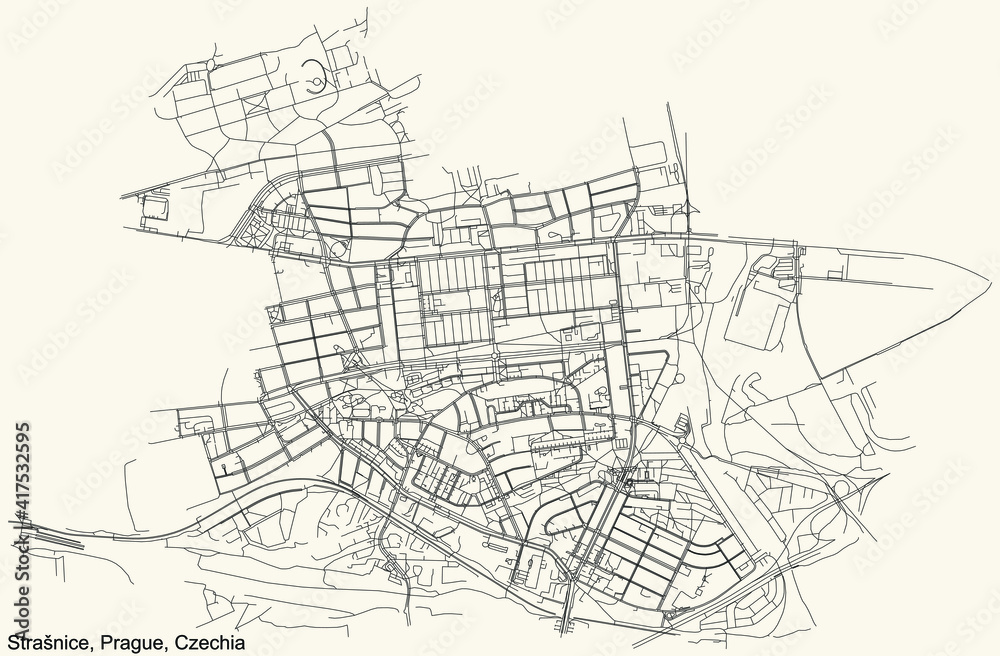 Black simple detailed street roads map on vintage beige background of the municipal district Strašnice cadastral area of Prague, Czech Republic