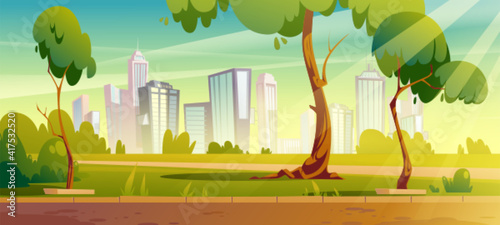 City park, summer or spring time scenery landscape, cityscape background, empty public place for walking and recreation with green trees and lawn. Urban garden with pathway Cartoon vector illustration