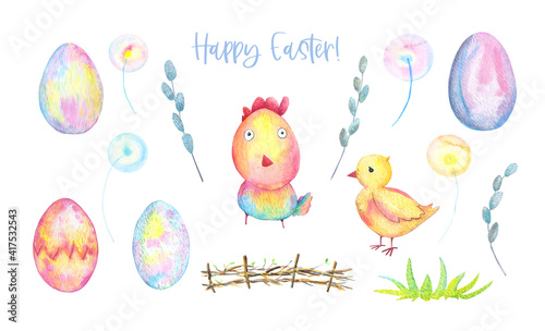 Watercolor Easter set cute chickens, cockerel, eggs and willow twigs. Spring flowers dandelions, green grass, fence. Hand-drawn illustration