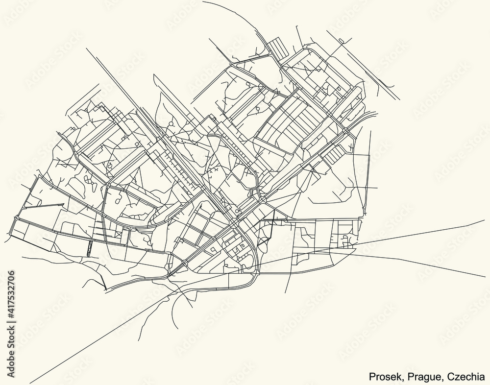 Black simple detailed street roads map on vintage beige background of the municipal district Prosek cadastral area of Prague, Czech Republic