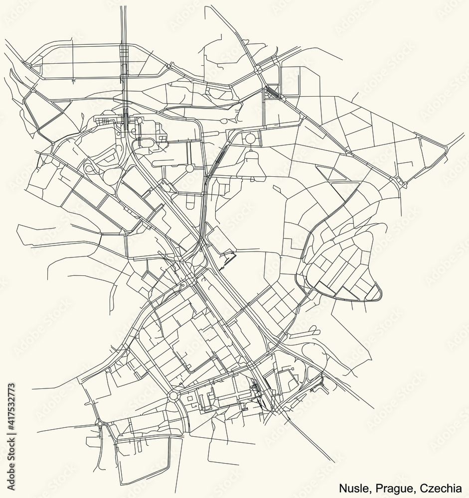 Black simple detailed street roads map on vintage beige background of the municipal district Nusle cadastral area of Prague, Czech Republic