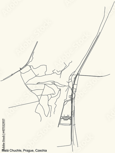 Black simple detailed street roads map on vintage beige background of the municipal district Malá Chuchle cadastral area of Prague, Czech Republic