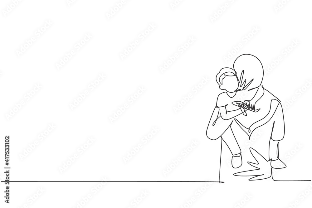 Fototapeta premium Single one line drawing of young Arabian mom carrying her sleepy boy go to the bedroom vector illustration. Happy Islamic muslim family parenting concept. Modern continuous line graphic draw design